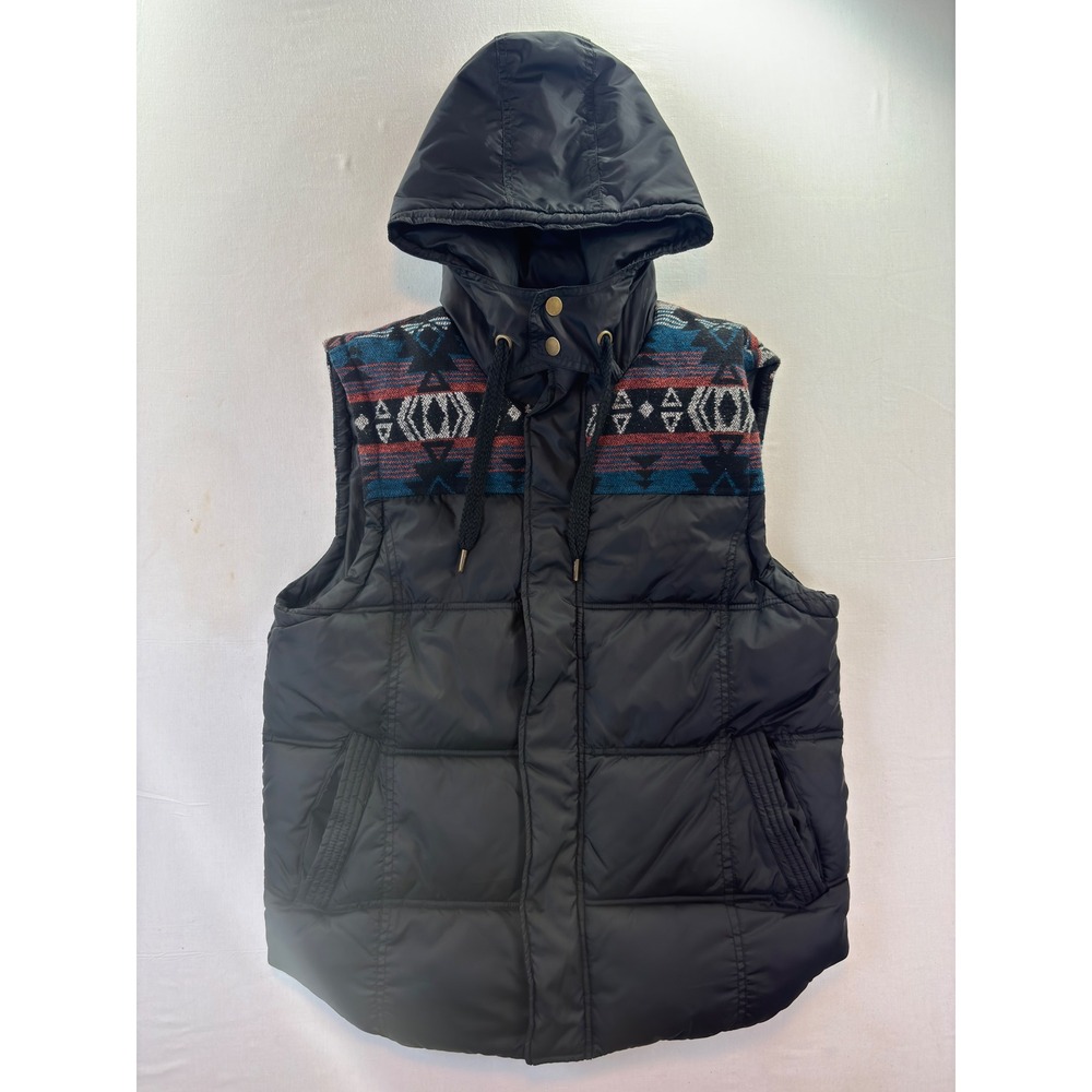 21Men Southwestern Puffer Vest Black Hooded Geometric Pattern Mens Medium